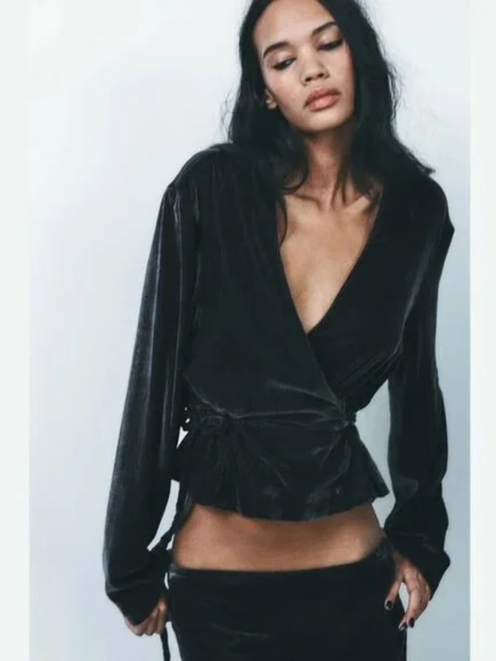 Zara Dark Gray Velvet Long Sleeve Wrap Top - New with Tags